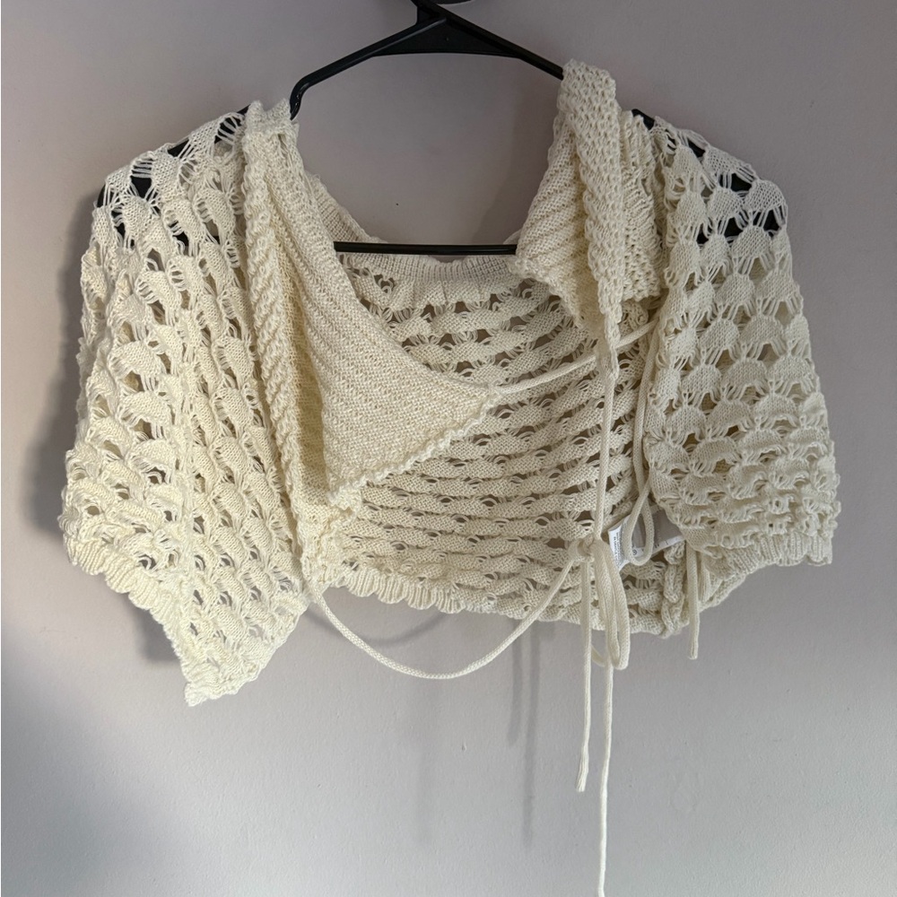 Musera Cream Crochet Shrug Open Knit Tie Front Bolero Sweater Ivory Women Size M